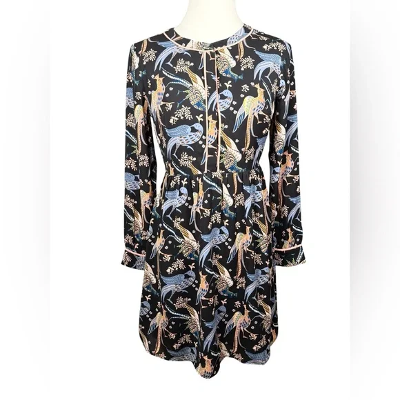 Ann Taylor Loft Long Sleeve Bird Print Dress in Black & Pastels Size 00P - Picture 2 of 9